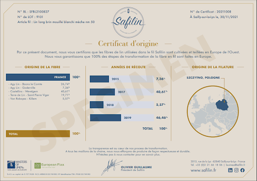 Certificat de traçabilité du fil de lin Safilin