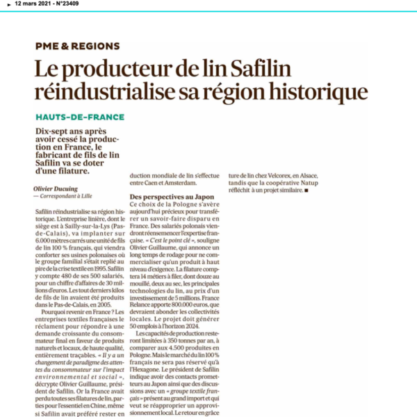 Le producteur de lin Safilin réindustrialise sa région historique/Les Echos/Safilin