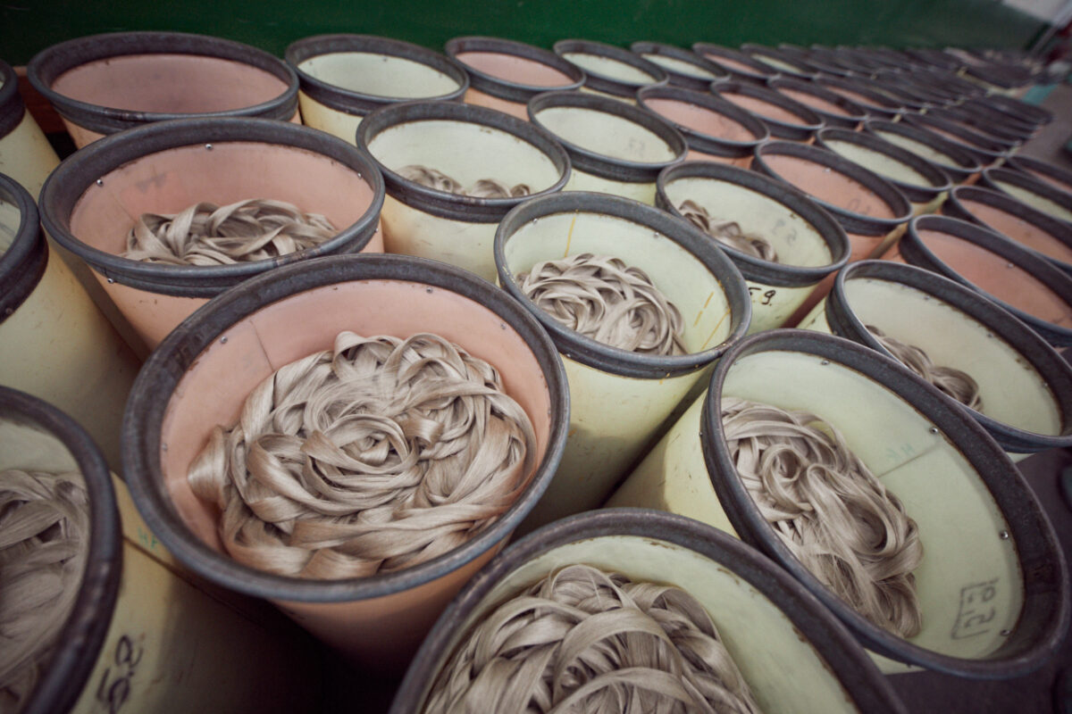 Different stages of transformation of fibre into flax yarn